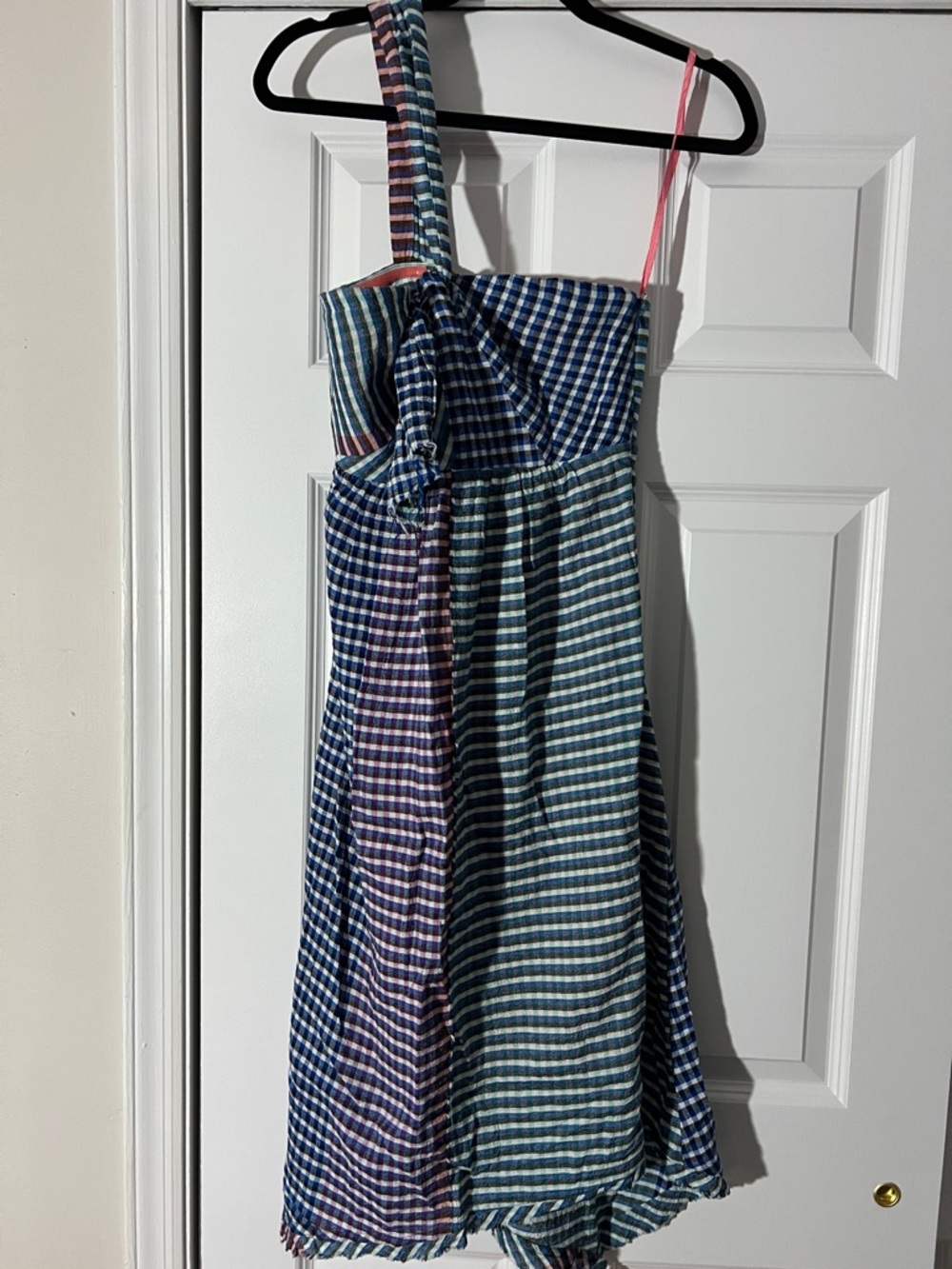 Maeve One-Shoulder Patchwork Gingham Dress in Blue and Pink